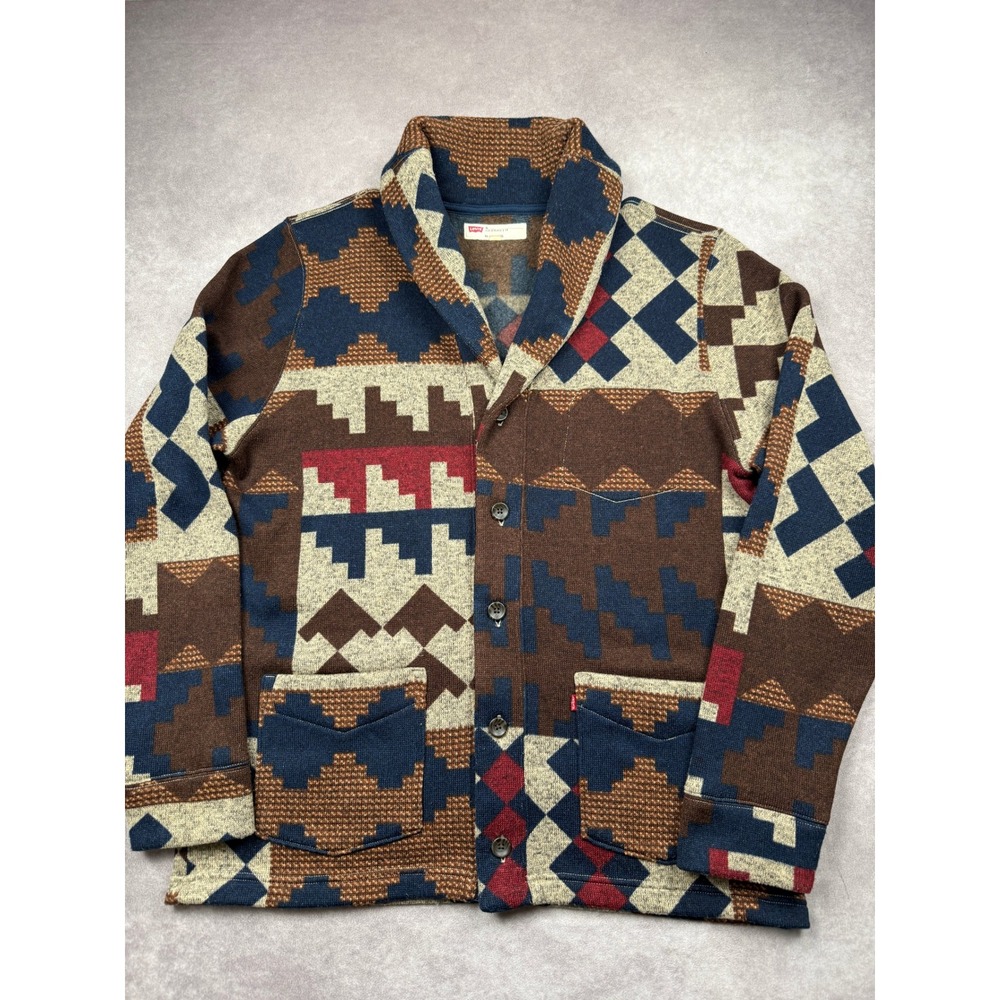 Levis Mens XL Southwestern Shawl Collar Knit Cardigan Jacket Brown Navy Geo Cozy
